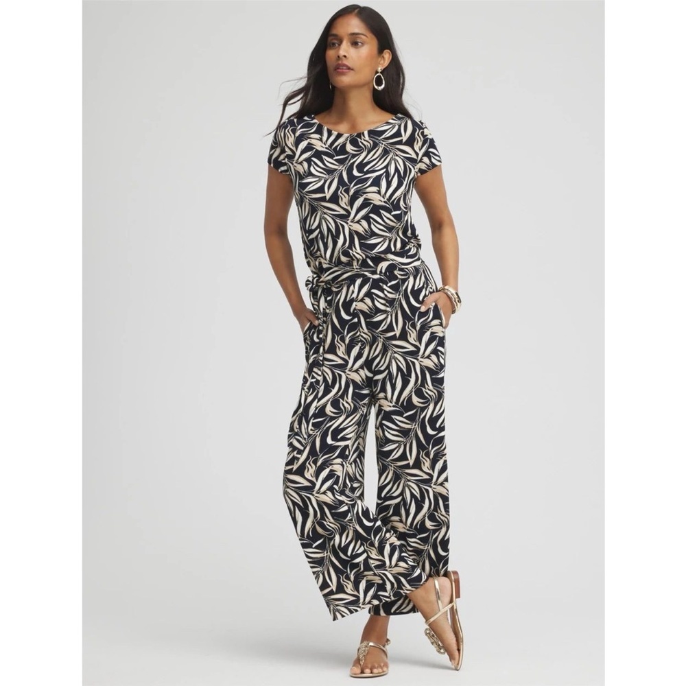 Chico’s Travelers Naia Leaf Belted Crop Jumpsuit Navy Tan XXL 4 Resort Coastal